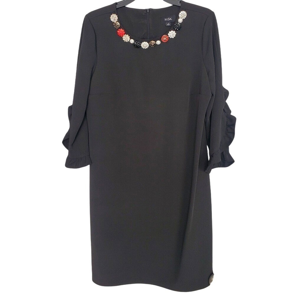 MSK Shift Dress Black Embellished Neck Ruffle Sleeve Cocktail Party Guest Size M